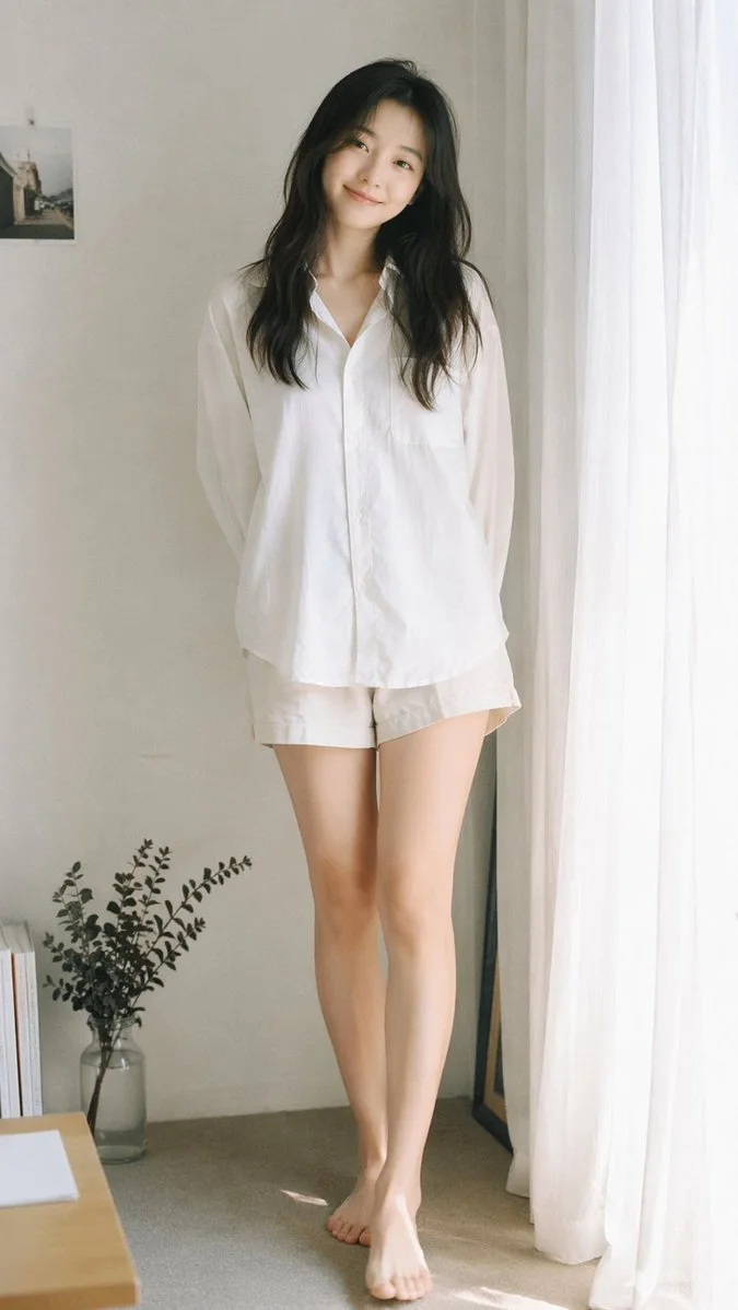 A young woman in an oversized white shirt and shorts stands barefoot by a window, exuding a relaxed, minimalist vibe.