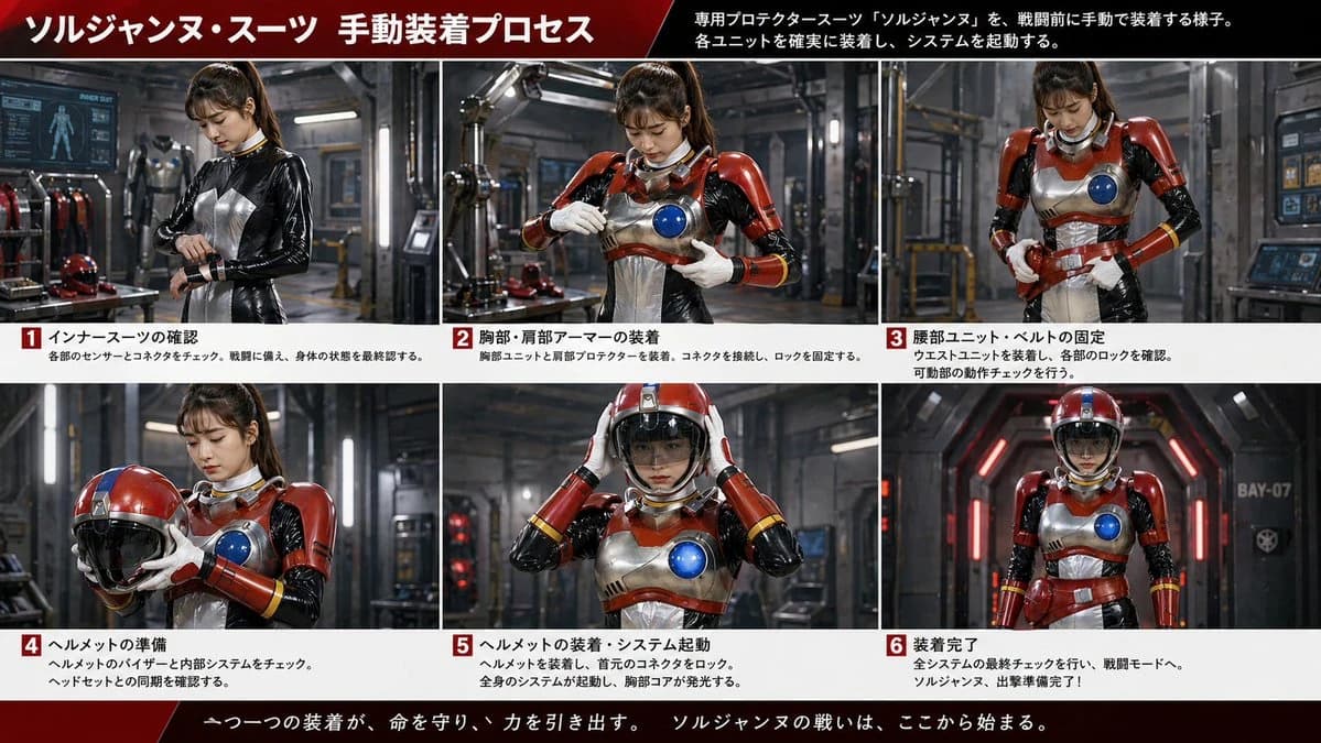 A helmetless female hero assembles her retro-futuristic armor in a high-tech industrial hangar, featuring polished metal surfaces and detailed suit components