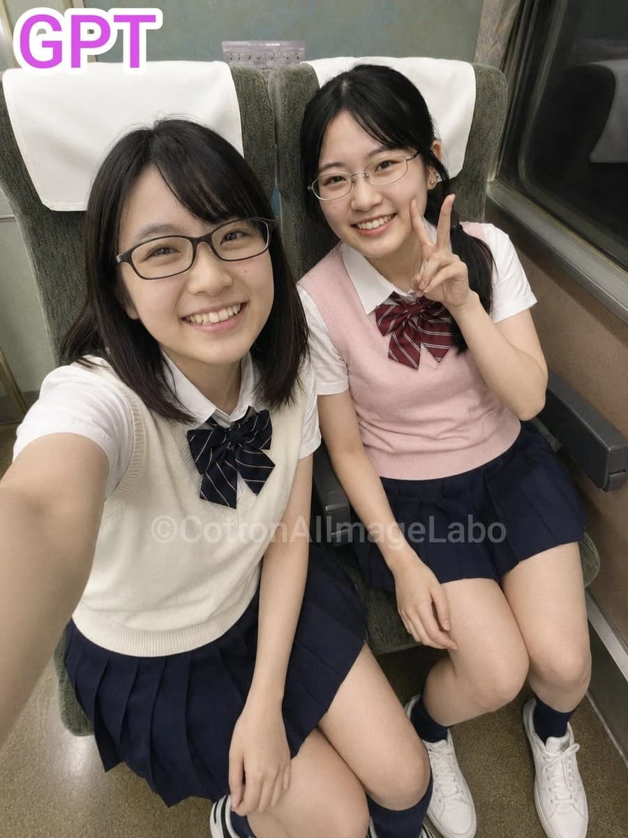 Japanese train selfie with two cheerful girls seated side by side, limited-express carriage details, and candid phone framing.