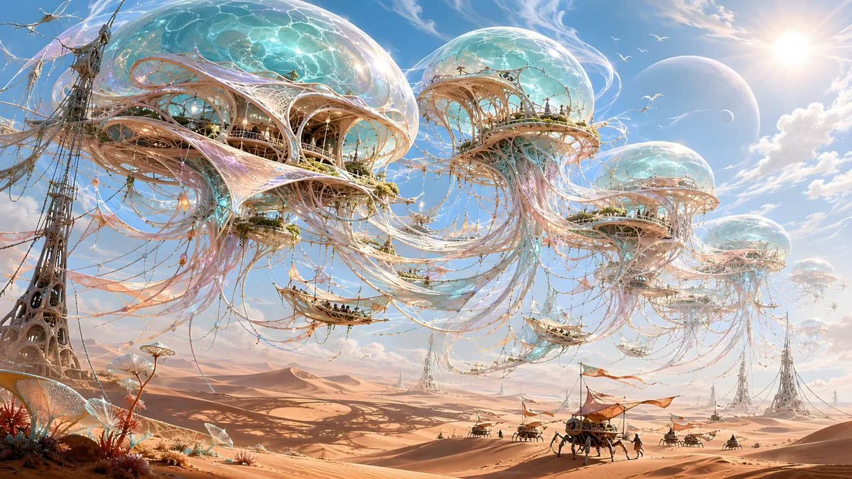 Floating jellyfish city drifts above desert dunes with translucent domes, tendril walkways and tiny caravans below