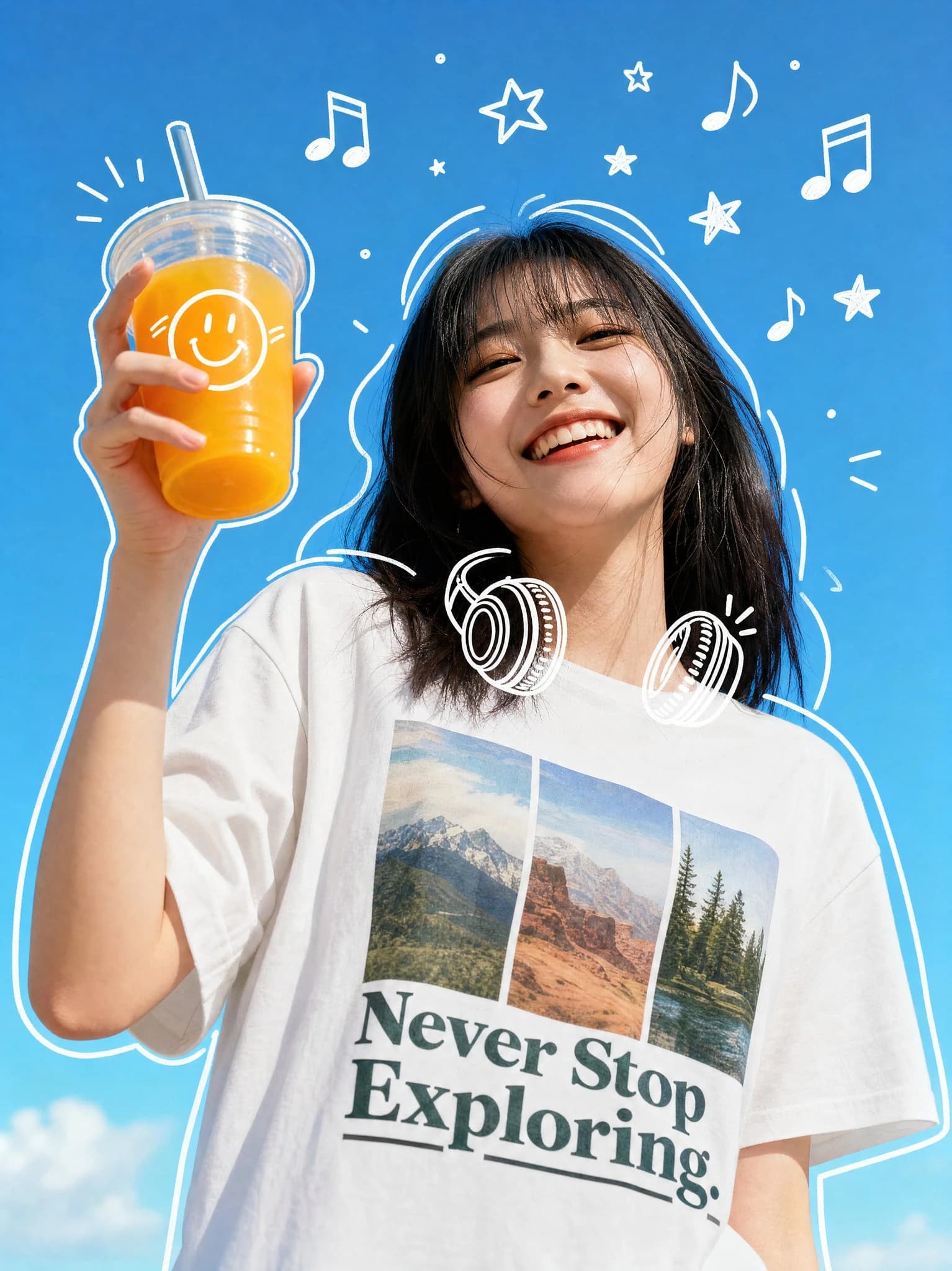 A joyful young woman with dark hair smiles brightly while holding a clear cup of orange juice against a vibrant blue sky, surrounded by whimsical doodles