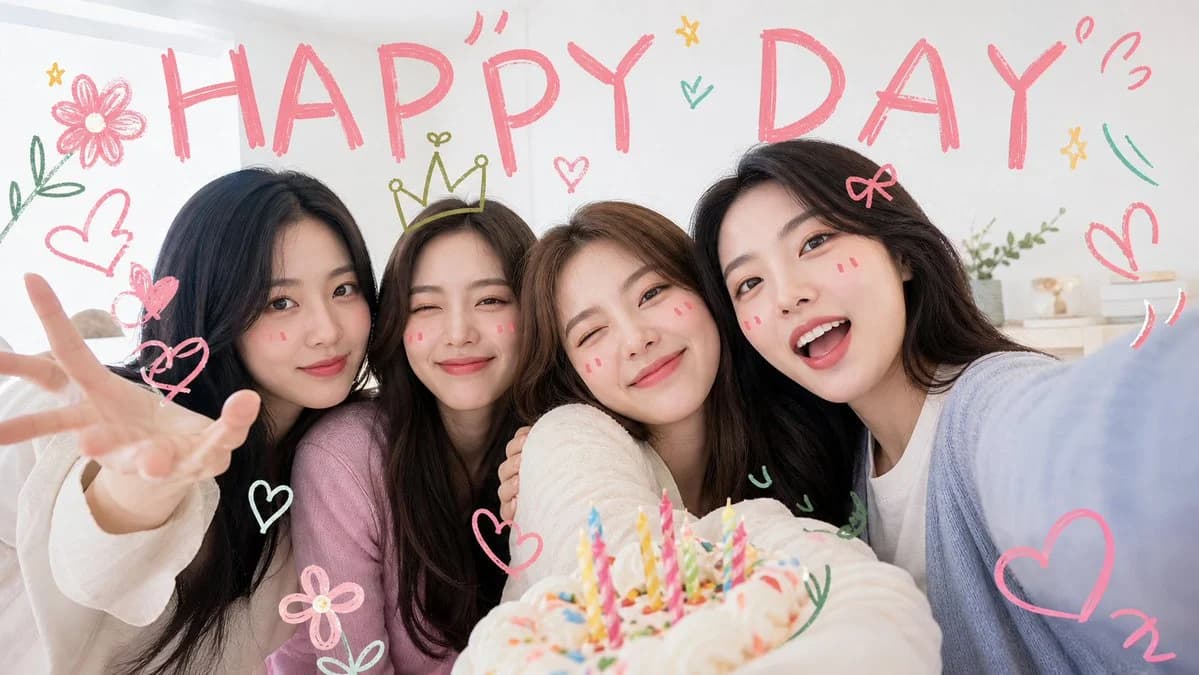 Kawaii Birthday Group Selfie with scroll-ready composition, strong focal subject, and polished social post styling
