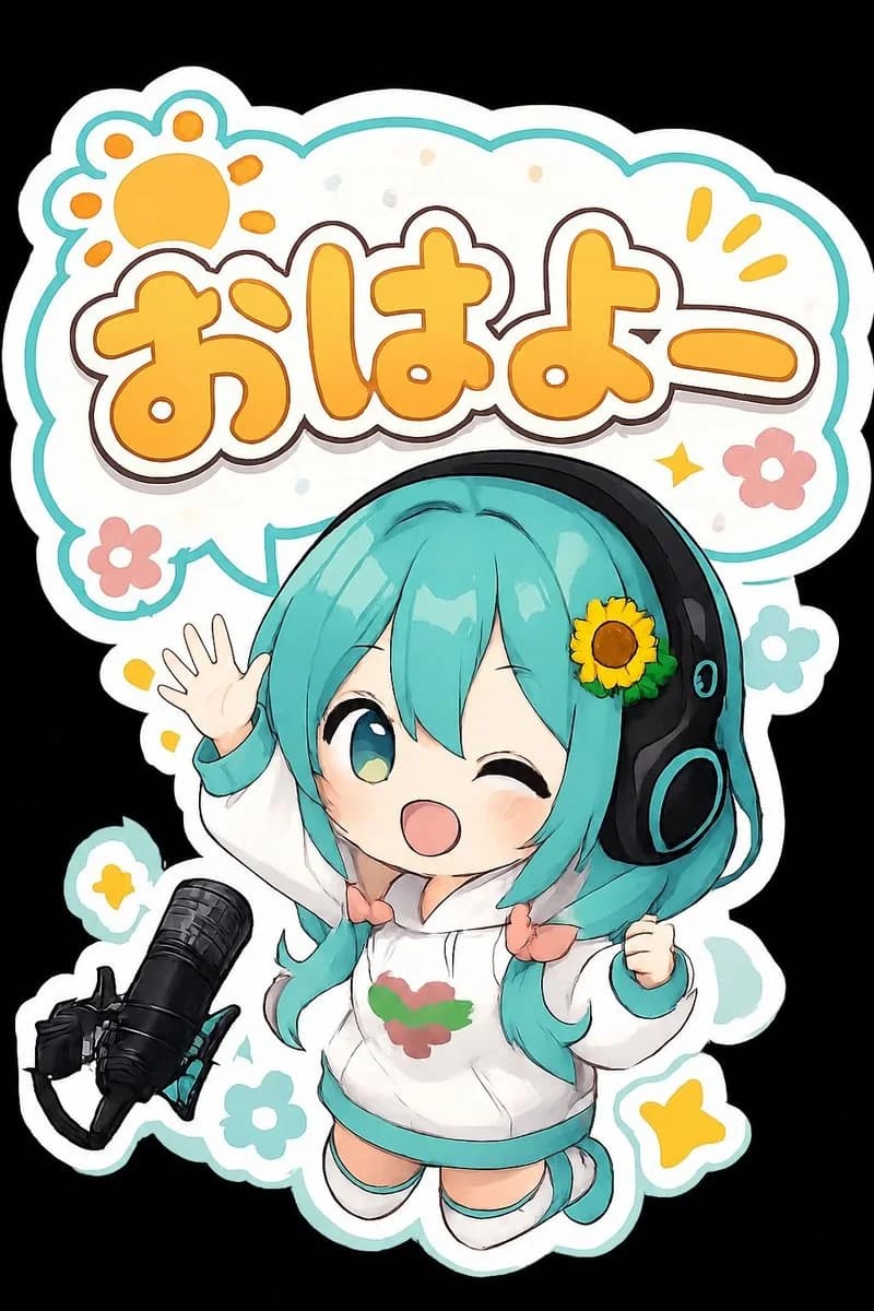 Cheerful chibi girl with turquoise twin-tails, oversized headphones, and a sunflower clip waves while wearing a white hoodie on a black background.