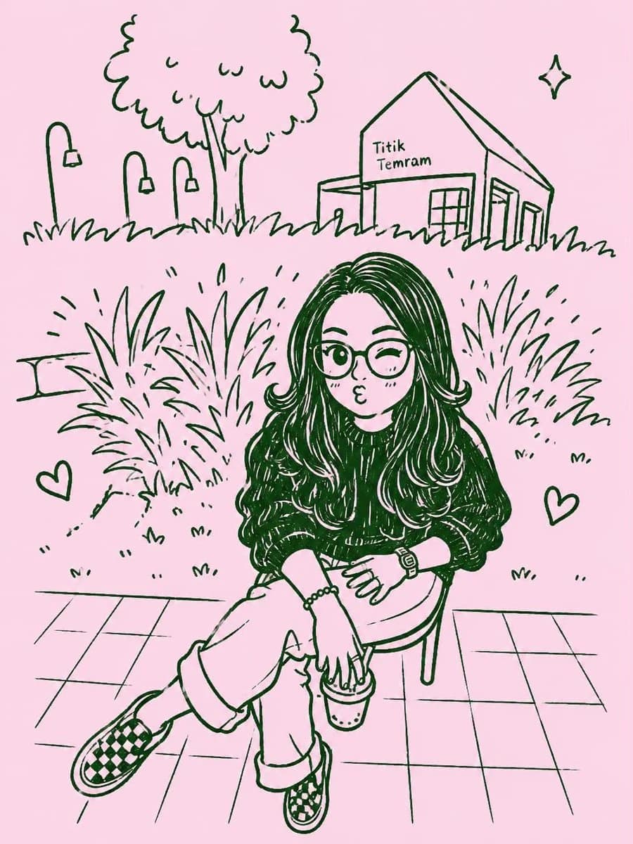 Kawaii monochrome doodle portrait with chibi proportions, glasses, soft pastel background, and floating hearts