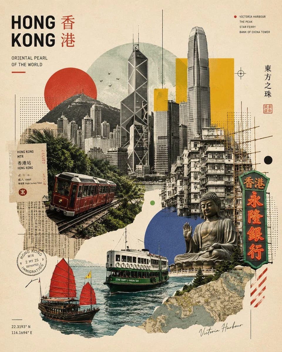 A vibrant collage of Hong Kong's iconic landmarks, featuring the skyline, traditional boats, and cultural elements in a retro design