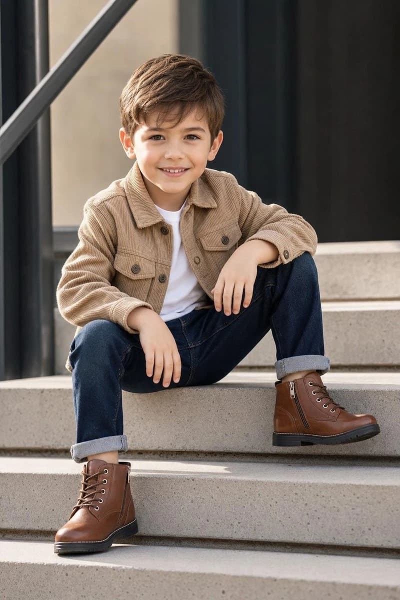 Premium kids fashion ad of a smiling boy sitting on concrete steps in a beige jacket and brown boots