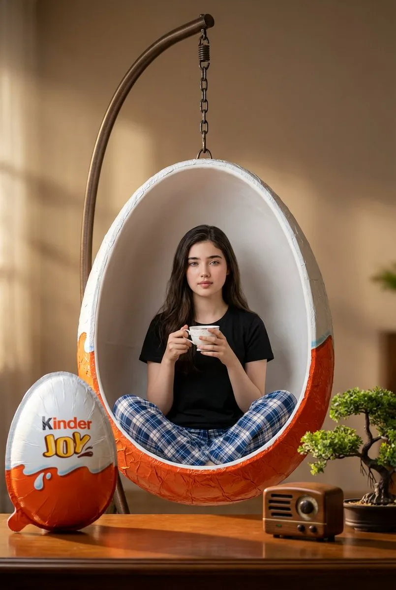 A woman sits inside a giant Kinder Joy egg swing with another oversized wrapped egg on a wooden table in a warm indoor ad scene