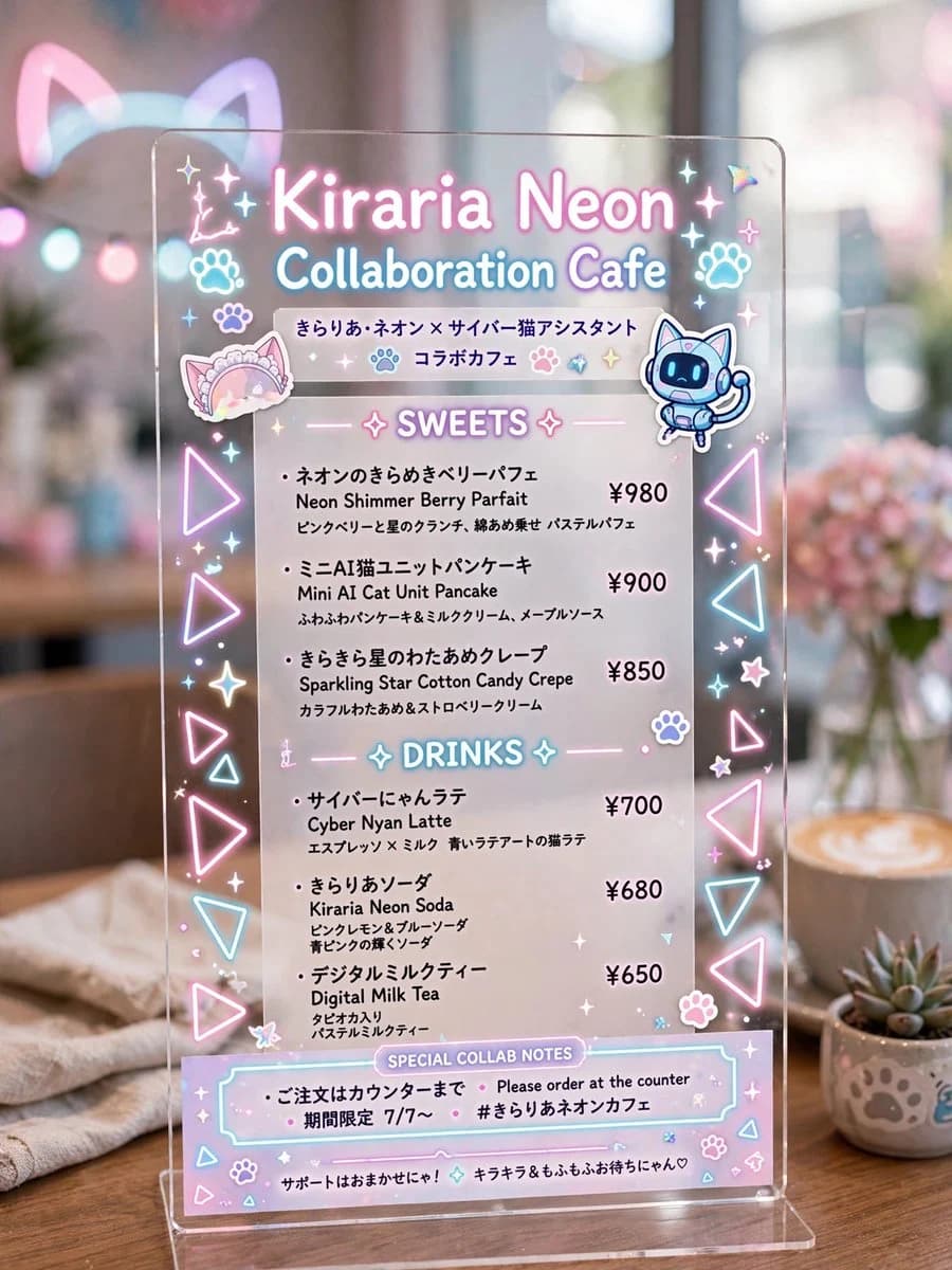 Kiraria Neon Collaboration Cafe Menu ecommerce visual with clean product presentation, shop-ready composition and detailed styling