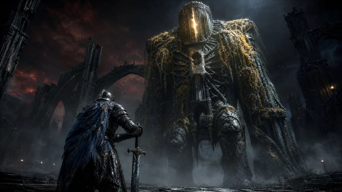 Armored knight confronting a towering giant before a gothic cathedral