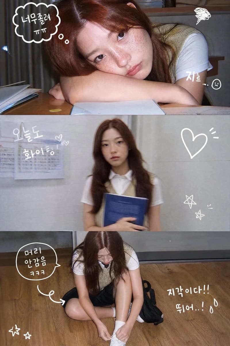 Three-panel Korean phone photo strip of a young woman with doodles, captions and casual school scenes