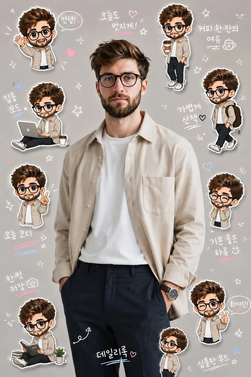 A man with glasses and curly hair poses in a beige shirt against a gray background, surrounded by playful chibi-style stickers of himself