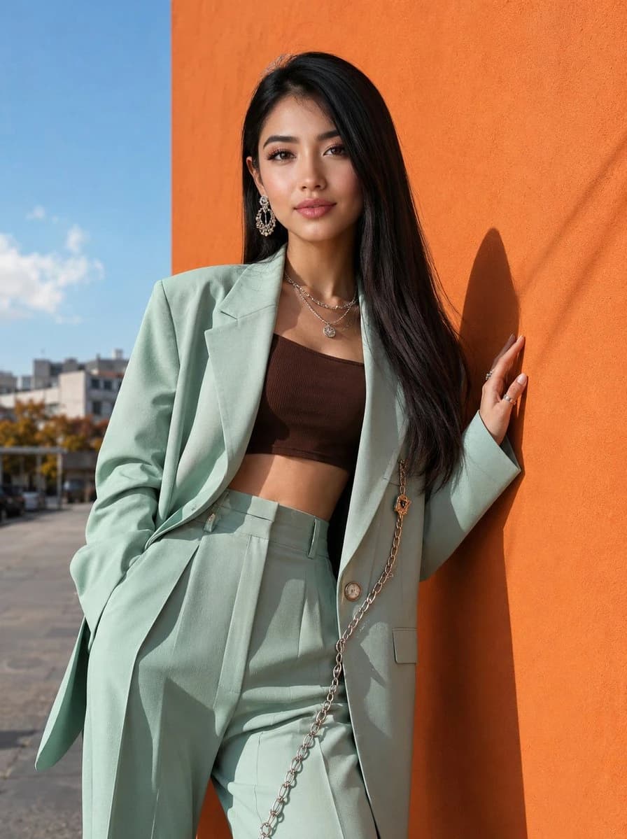 A stylish young woman poses confidently outdoors beside a bold orange wall, wearing a pastel mint green blazer and high-waisted trousers