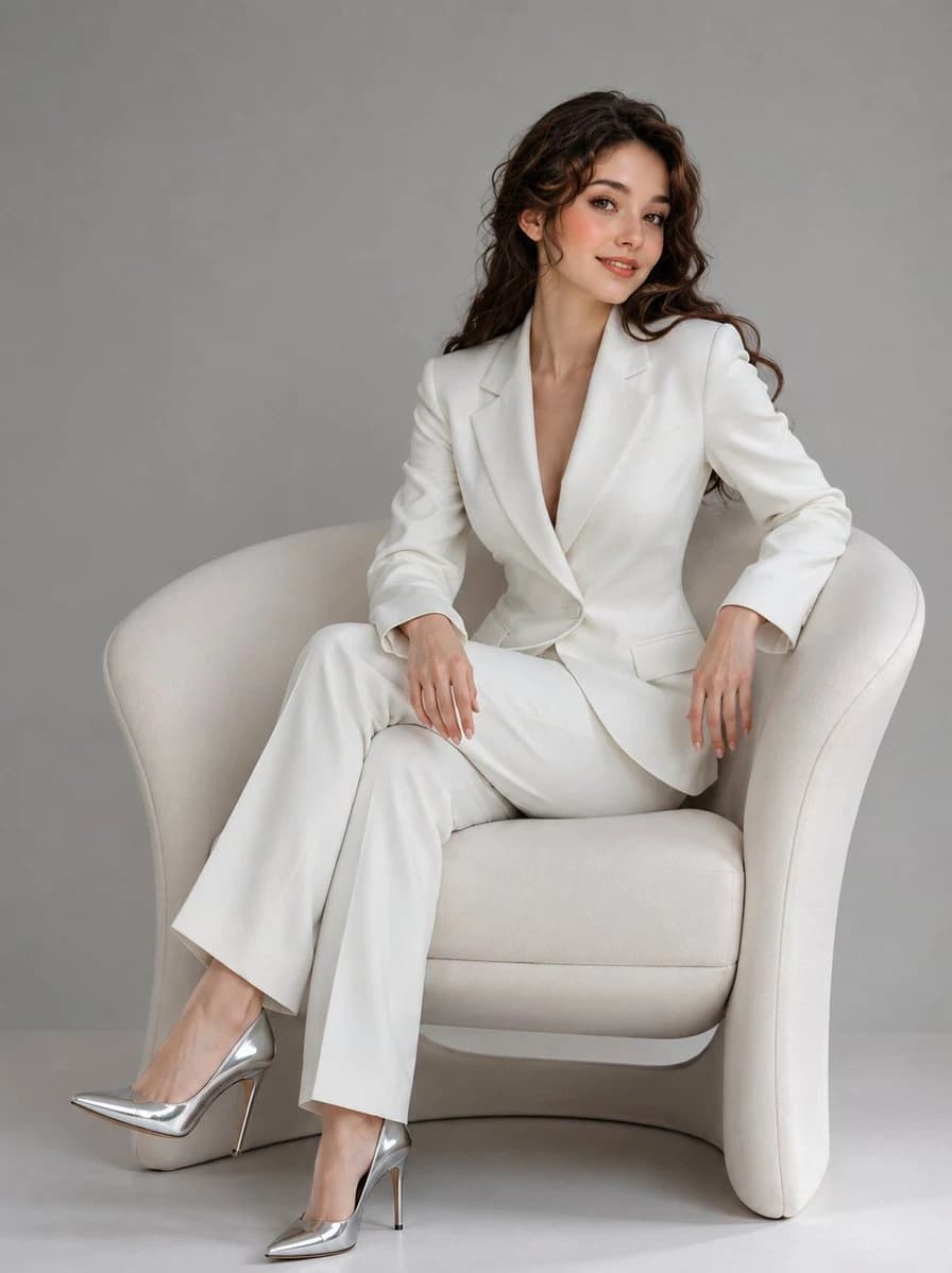 A woman in a white suit sits elegantly in a modern cream chair, showcasing silver high heels against a neutral backdrop
