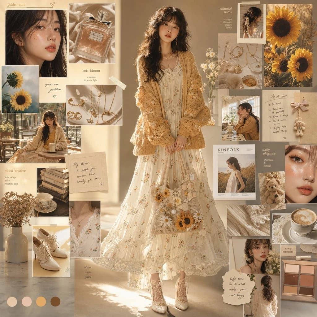 A young woman in a flowing ivory floral chiffon maxi dress and mustard crochet cardigan poses elegantly against a warm editorial studio backdrop