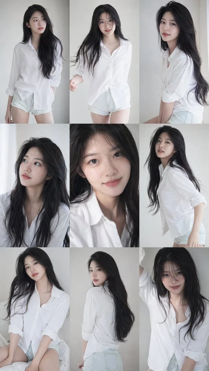A 3x3 grid collage features a young Korean female idol in a consistent white shirt and shorts, captured in soft, natural lighting