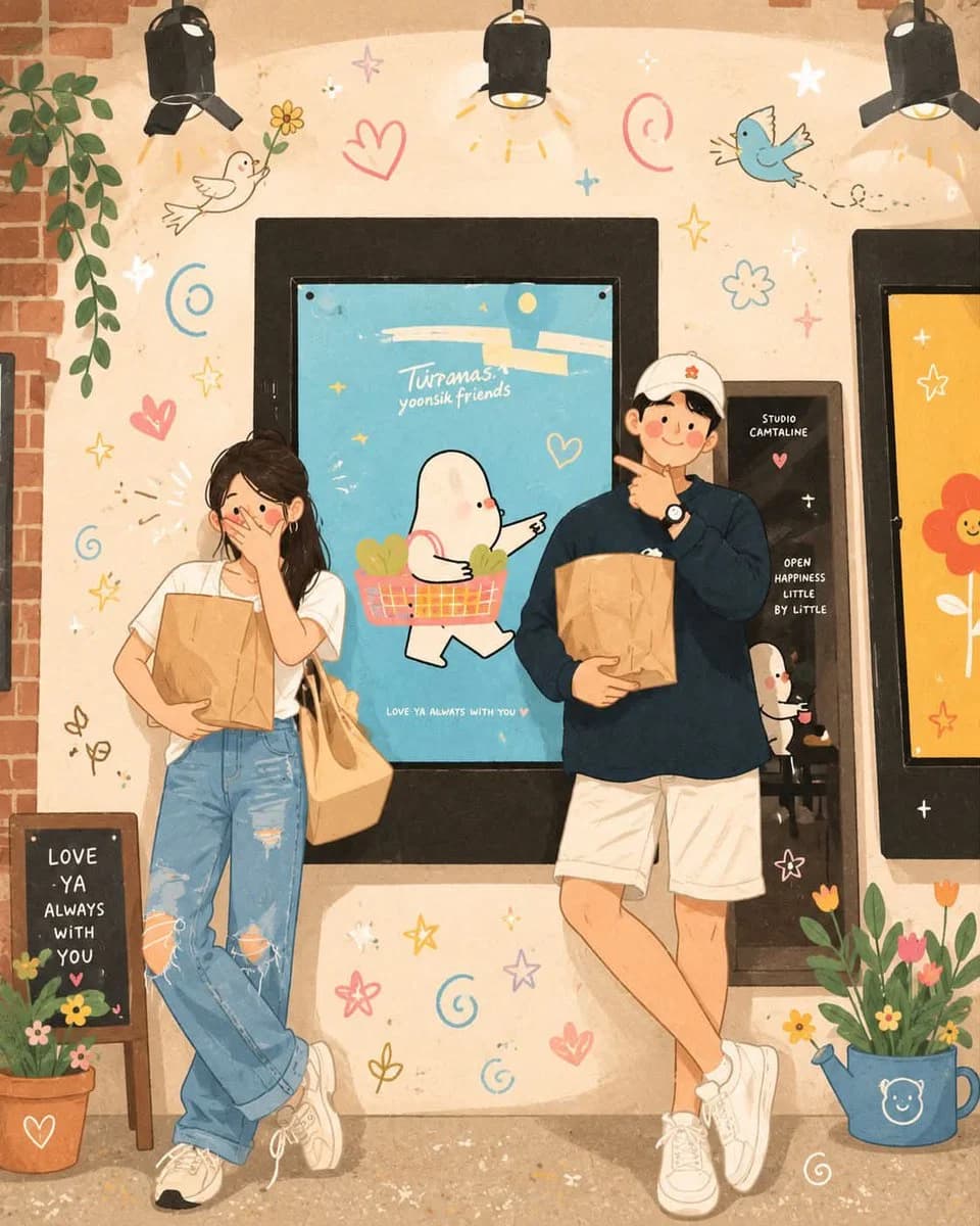 Korean-inspired whimsical doodle art with cozy character styling, soft colors, and playful stationery details