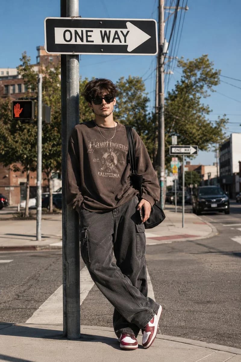 A Korean streetwear editorial portrait of a stylish young man leaning at a sunny urban intersection with casual fashion detail