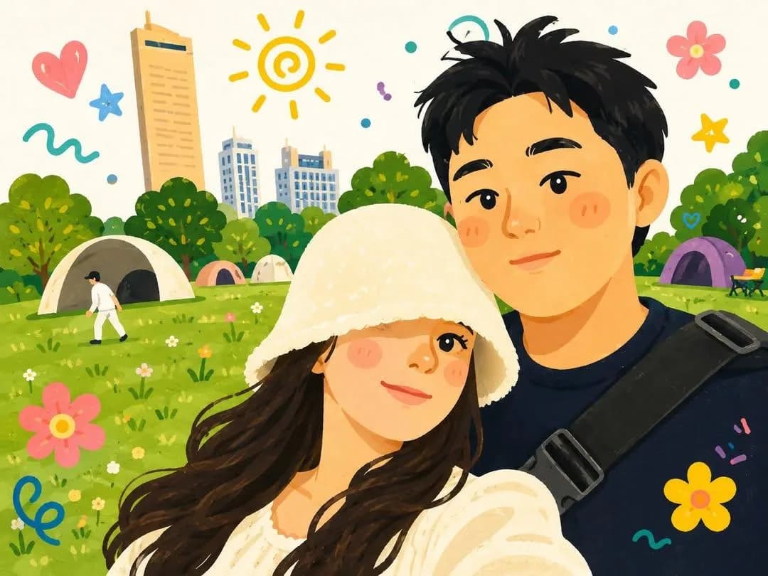 Korean Webtoon Couple Selfie showing an editorial portrait subject with styled wardrobe, lighting and background detail