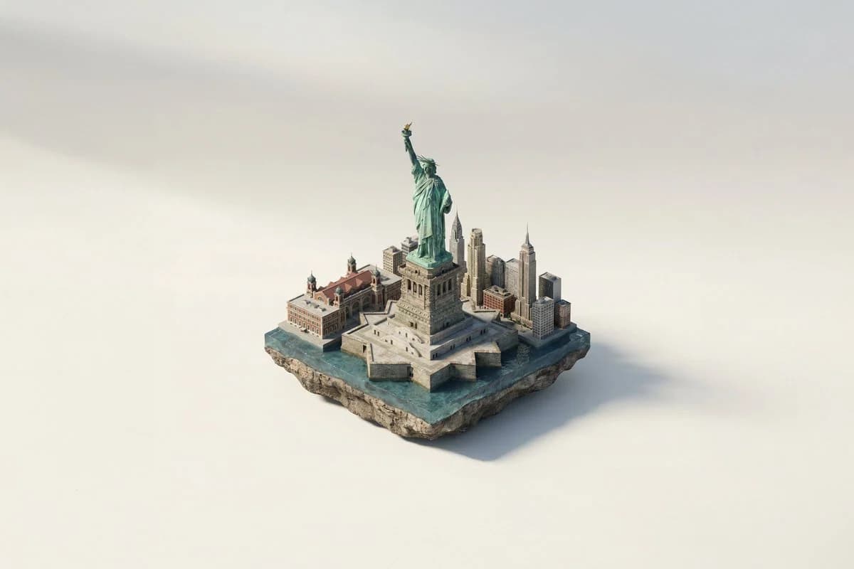 GPT Image 2 prompt example showing the Statue of Liberty as a miniature isometric landmark diorama on a floating base
