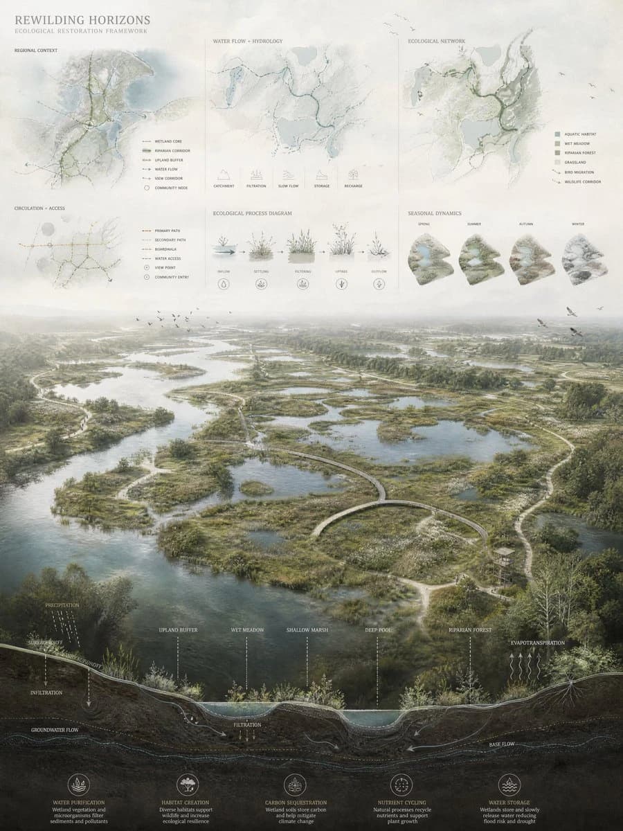 The landscape architecture presentation board features a photorealistic aerial rendering of an ecological system, complemented by analytical diagrams and soft pastel overlays