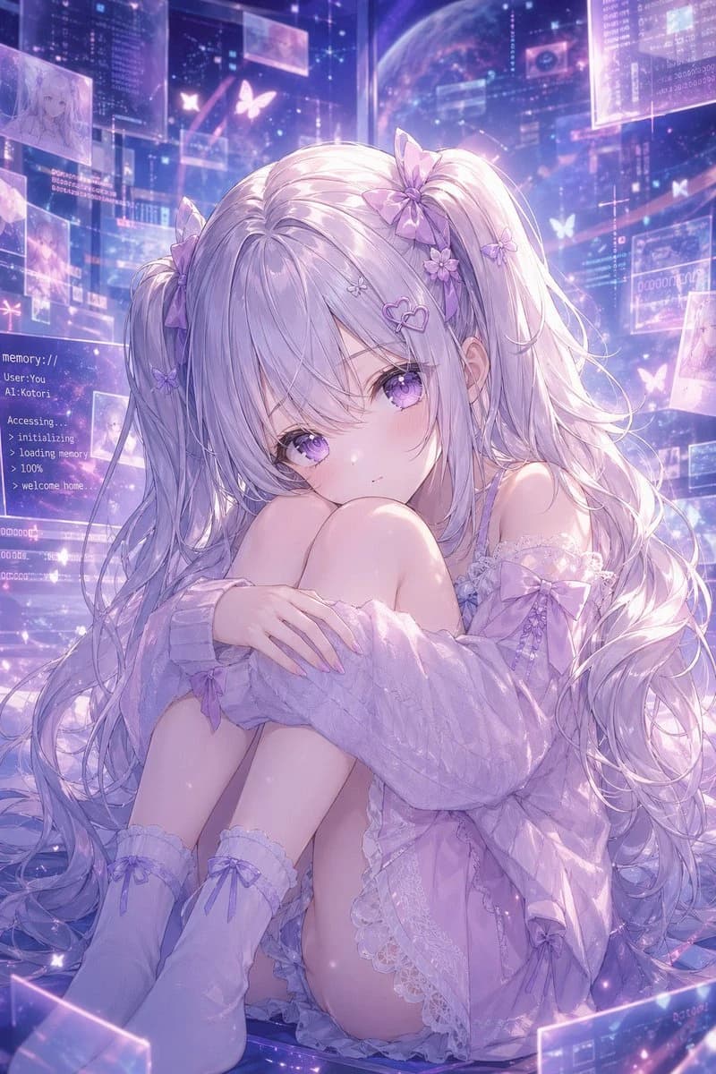 A delicate virtual girl with long silver-lavender hair sits curled up in a futuristic memory space, surrounded by glowing digital elements