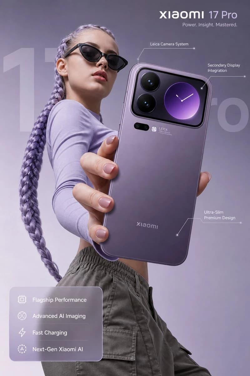 A confident young woman with lavender braided hair showcases the Xiaomi 17 Pro smartphone in a dynamic low-angle pose against a soft gradient background