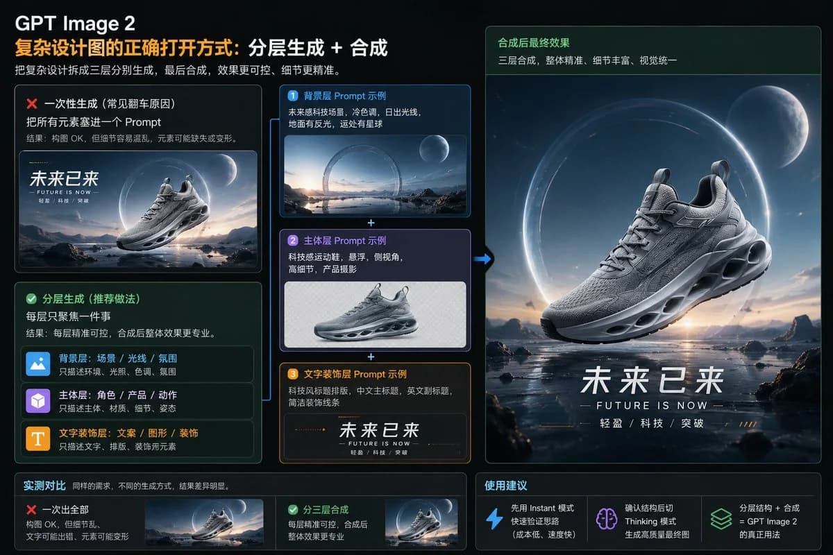 Workflow infographic showing layered AI design steps around a futuristic sneaker ad, with neon interface panels and callouts.
