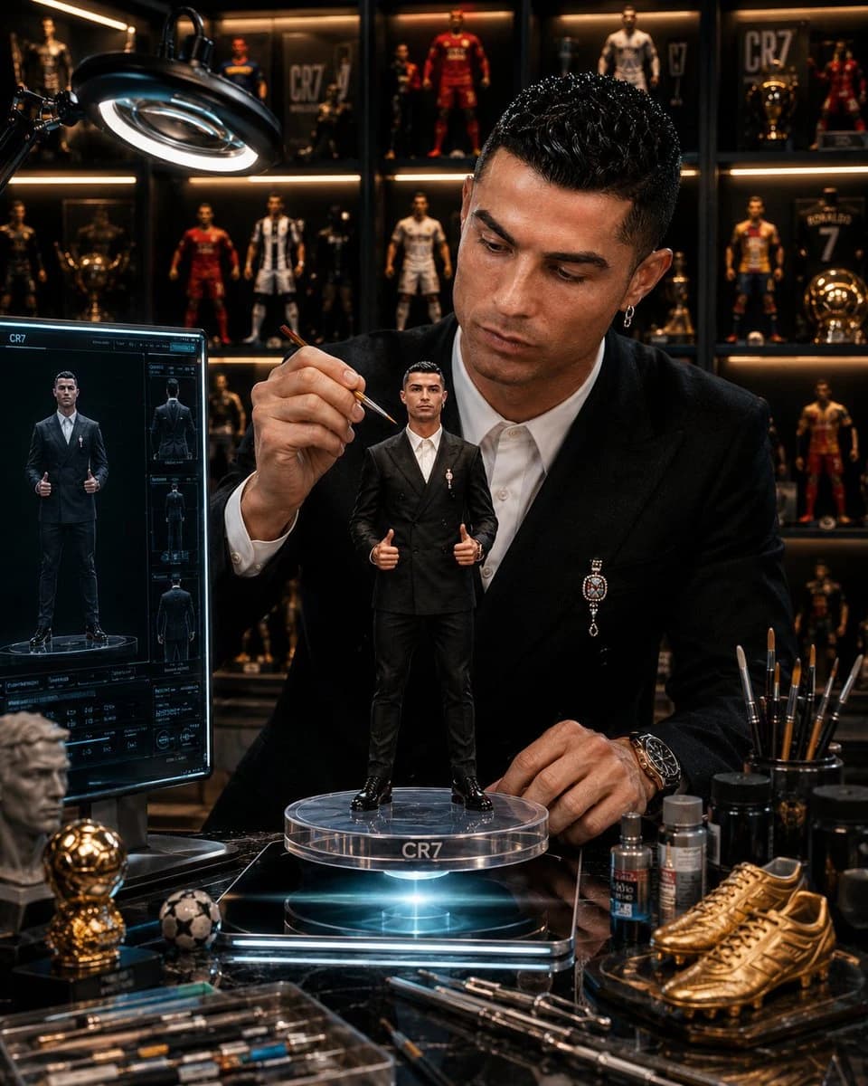 Legendary footballer figurines studio scene preserving facial identity, with collectible figures and cinematic product-display lighting.