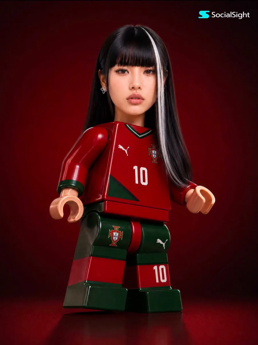 LEGO-style female football collectible figure in a number 10 jersey shown with multiple minifigure reference poses