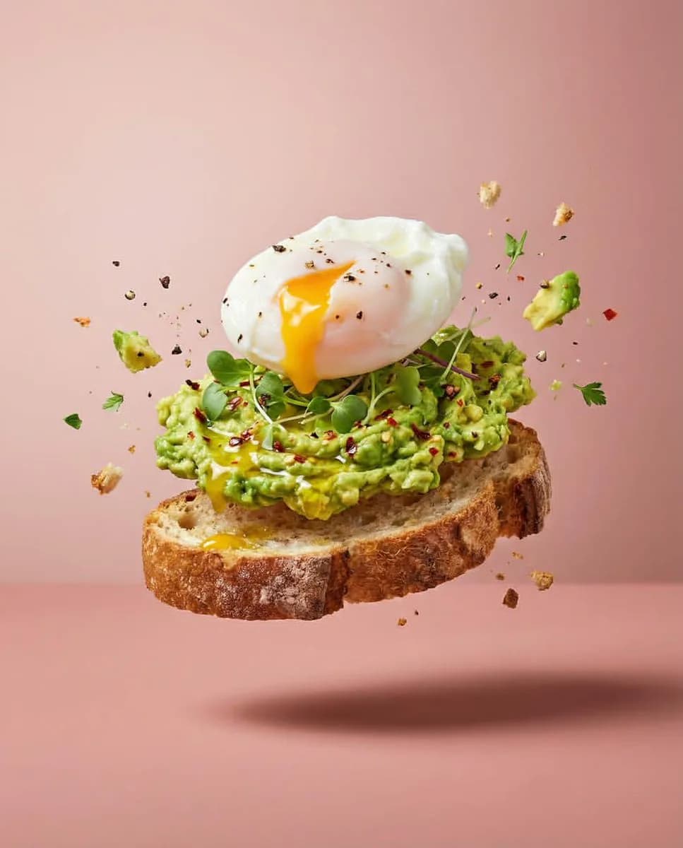 Levitating avocado toast food photo with poached egg, flying crumbs and herbs against a soft pink studio background
