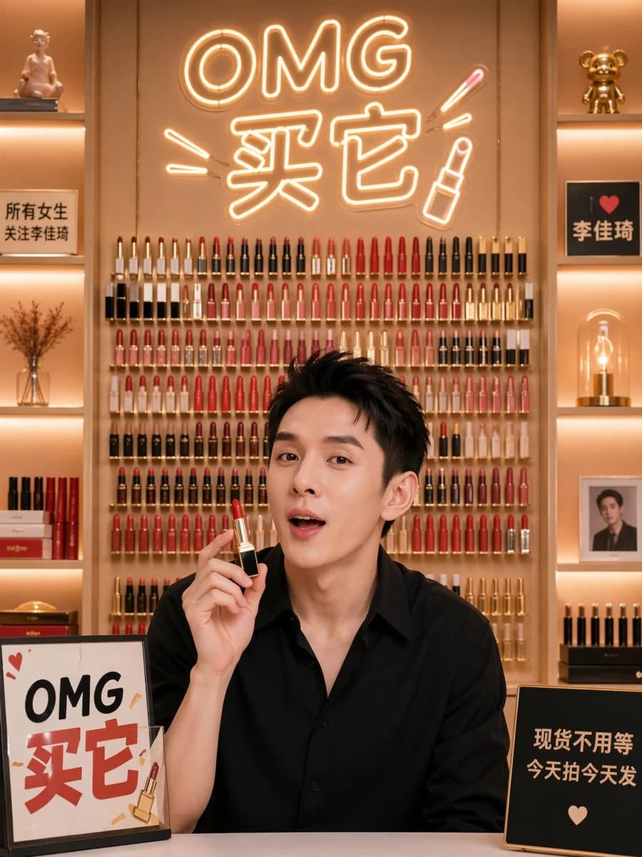 A man in a black shirt holds a lipstick in front of a vibrant display wall, featuring warm lighting and promotional signs