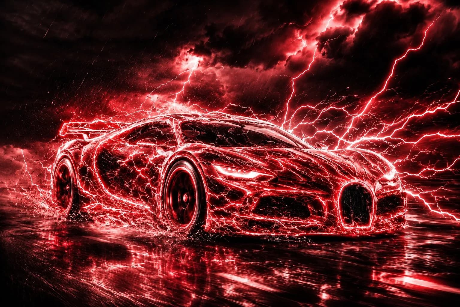 Red lightning storm supercar ad with an electric sports car on a wet reflective road