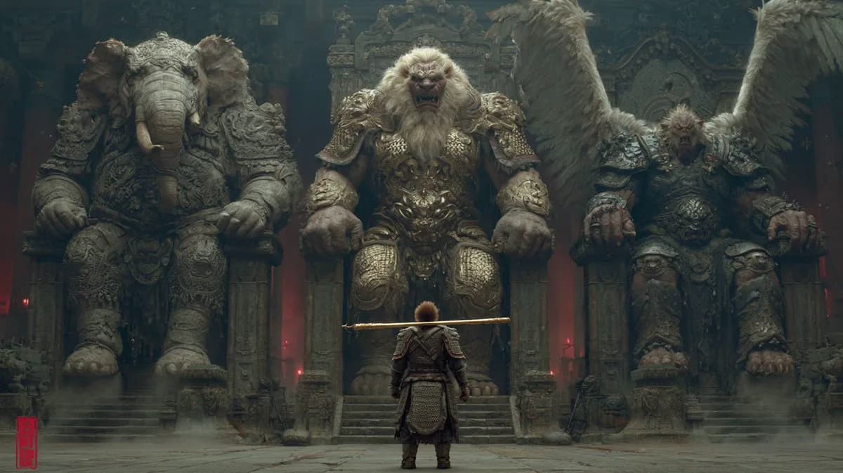 Cinematic Journey to the West demon court scene with Sun Wukong facing elephant, lion and roc kings on massive thrones