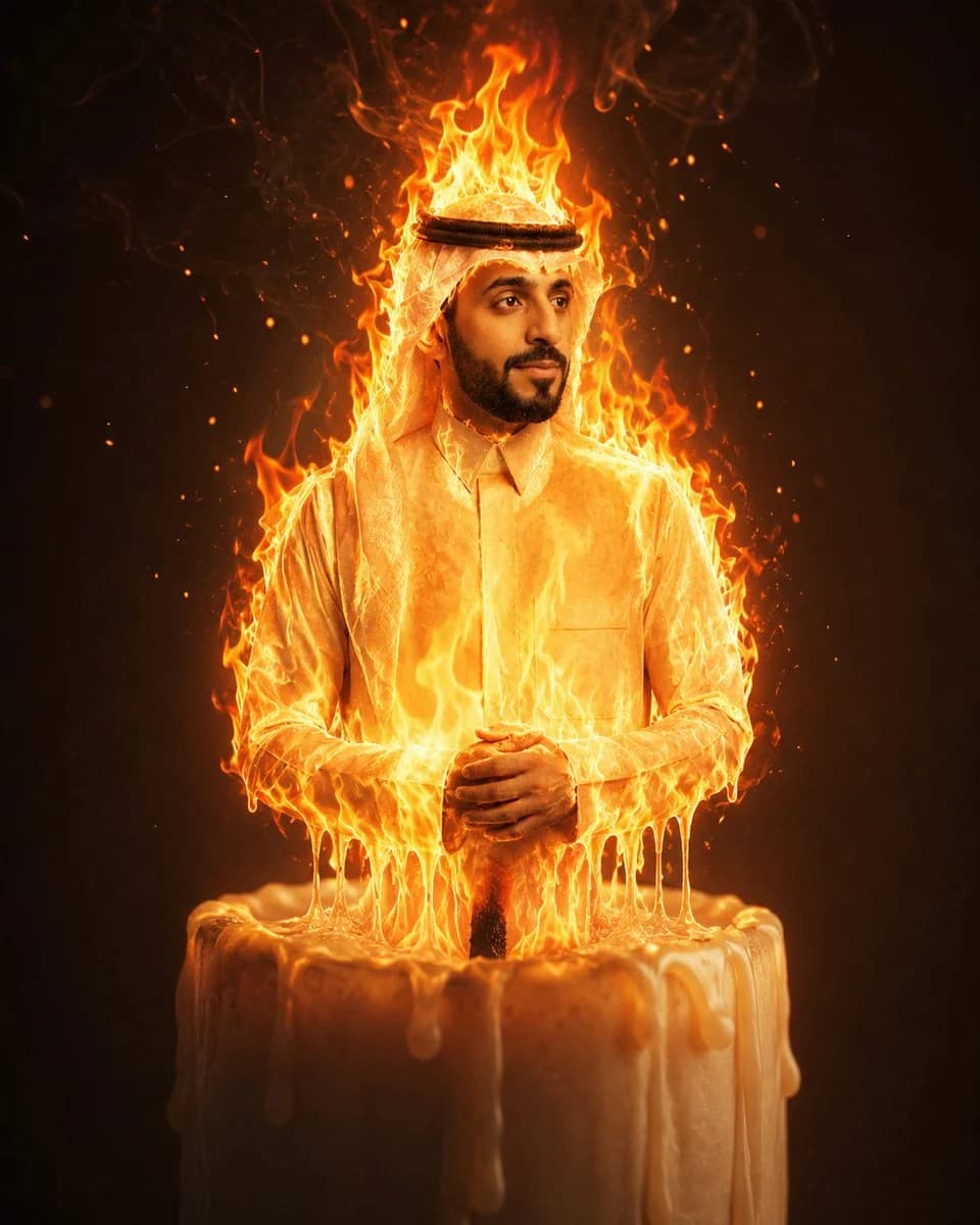 A surreal portrait of a person becoming a giant candle flame, with melted wax, smoke, embers, and warm cinematic lighting
