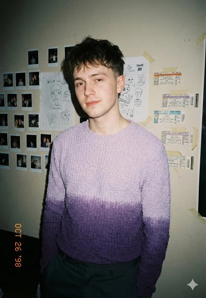 Lo-fi bedroom editorial portrait with relaxed pose, grainy flash texture, and intimate late-night styling