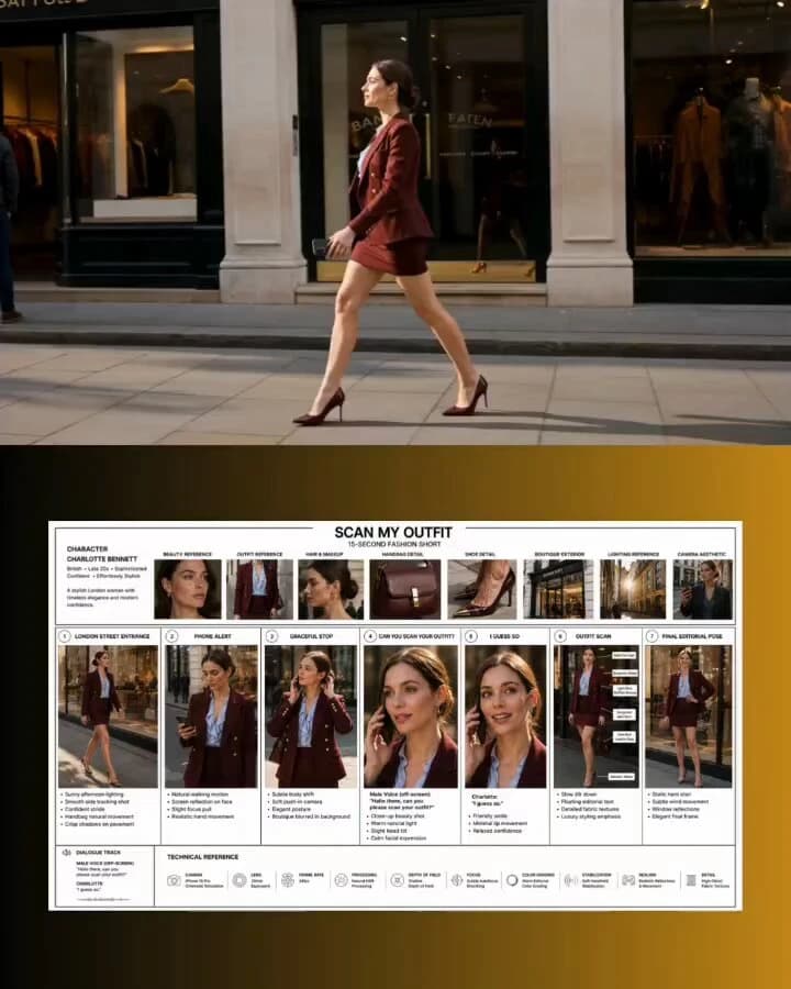 A stylish British woman in a burgundy blazer and mini skirt confidently walks past a luxury boutique on a sunlit London street