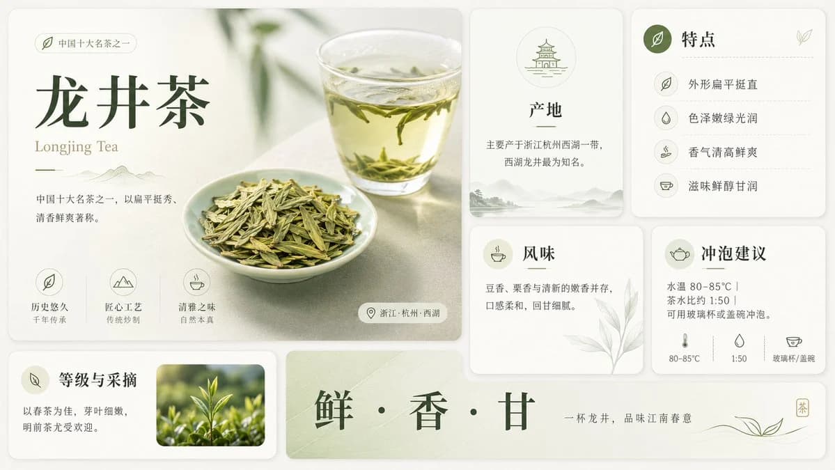 Longjing Tea Infographic Poster with structured callouts, clean hierarchy, and educational poster layout
