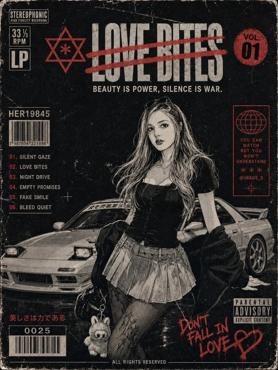 GPT Image 2 prompt example showing a gritty cyberpunk manga vinyl cover titled Love Bites with a woman and sports car