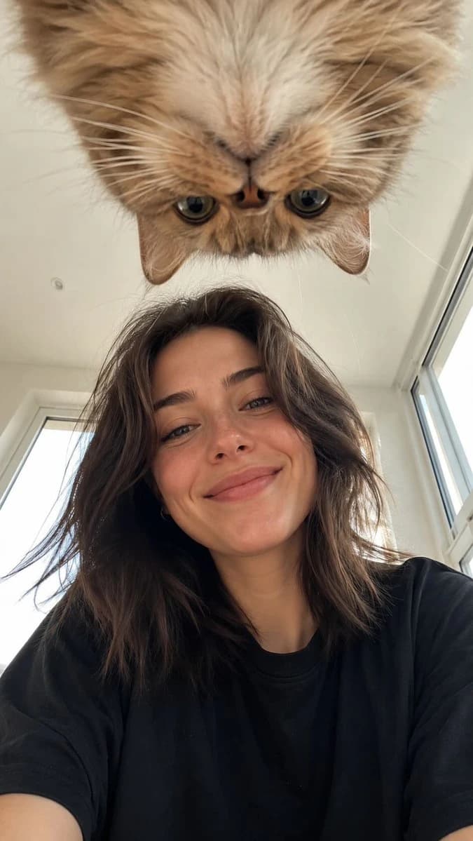 Low-angle selfie of a smiling woman with a fluffy cat pressed close above her head