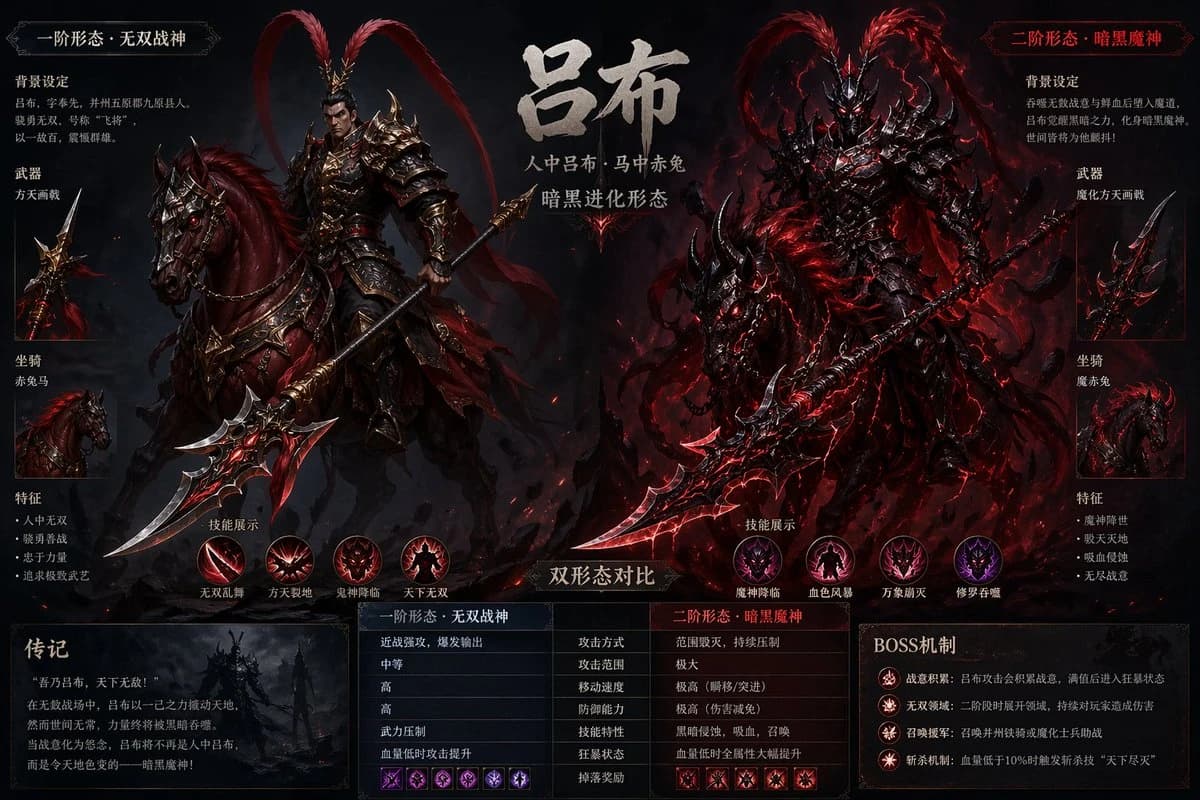 Lu Bu's boss design sheet features two contrasting forms, showcasing detailed armor, weaponry, and dark evolution elements