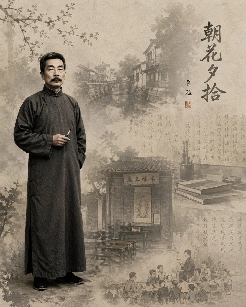 Lu Xun stands in a traditional outfit against a softly blurred background depicting a serene riverside scene and classroom, evoking themes from Morning Flowers