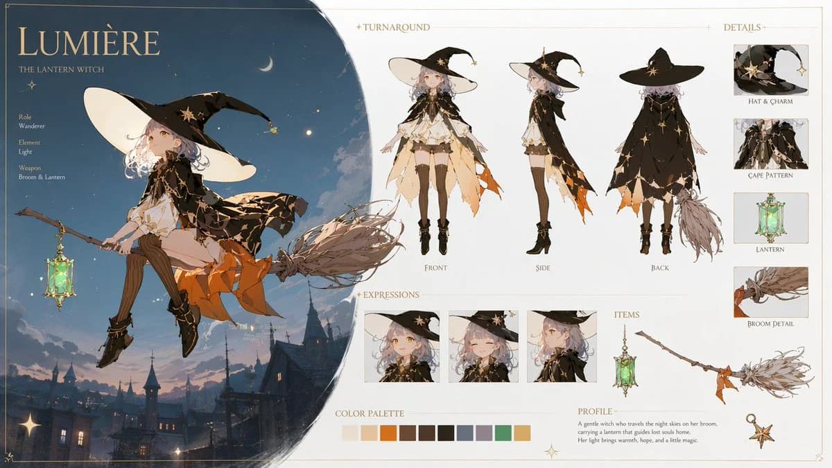 Lumière Lantern Witch Character Sheet with character-focused concept art, game-ready styling and detailed fantasy design