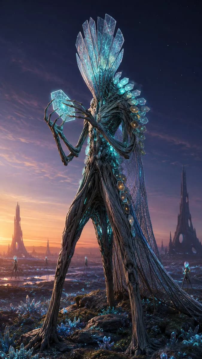Alien Luminant Archivist character poster showing a glowing tripod figure with bioluminescent data plates