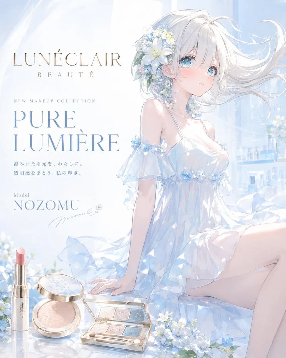 Luxury anime cosmetics poster with pale blue model, lipstick, compact powder and Luneclair campaign text