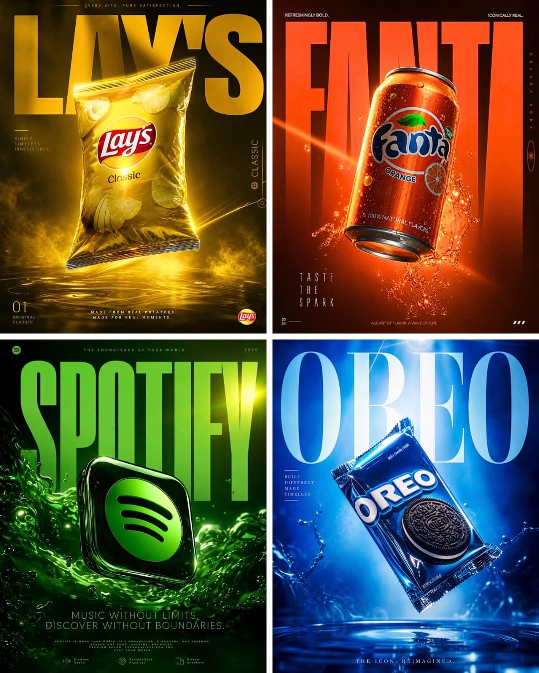 Four vibrant product posters feature Lay's, Fanta, Spotify, and Oreo, each showcasing bold typography and dramatic lighting against rich backgrounds