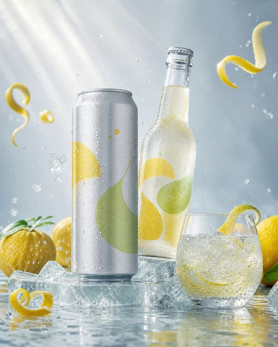 Luxury Citrus Sparkling Drink Advertisement ecommerce visual with clean product presentation, shop-ready composition and detailed styling
