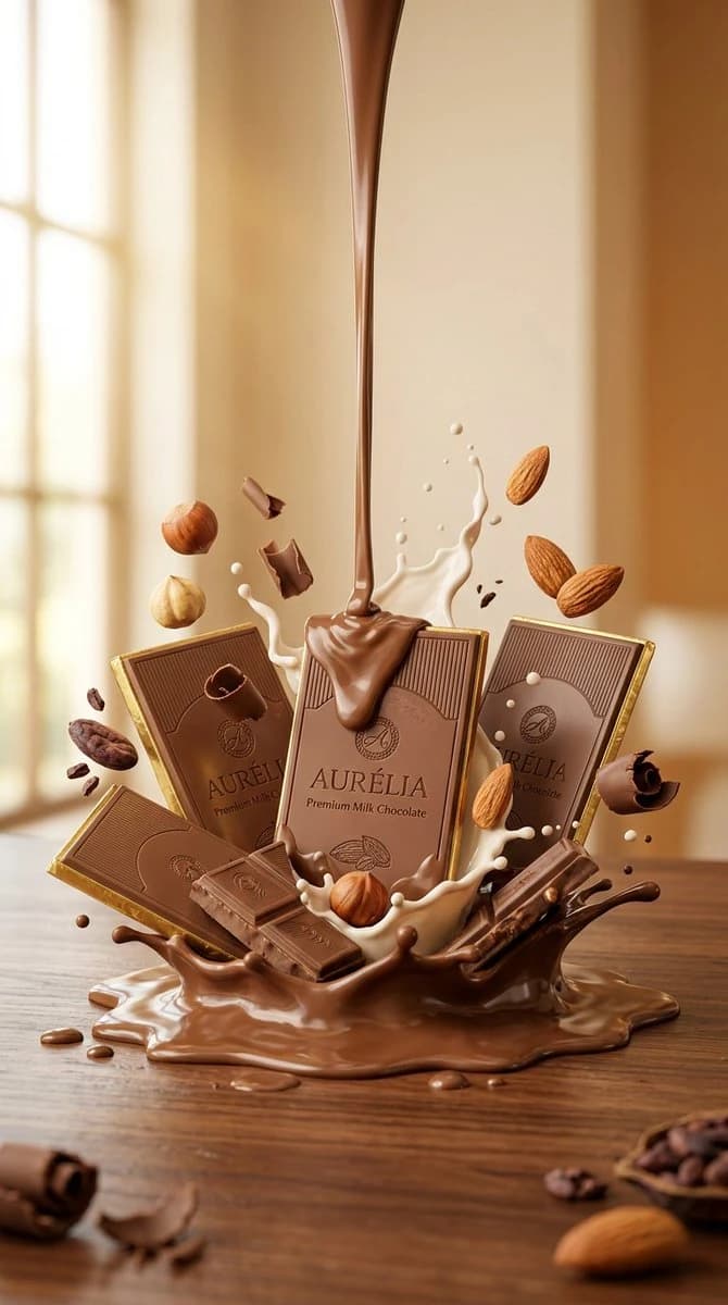 Luxury dark chocolate commercial photograph with stacked bars, melted chocolate, cocoa details, and glossy black marble surface.