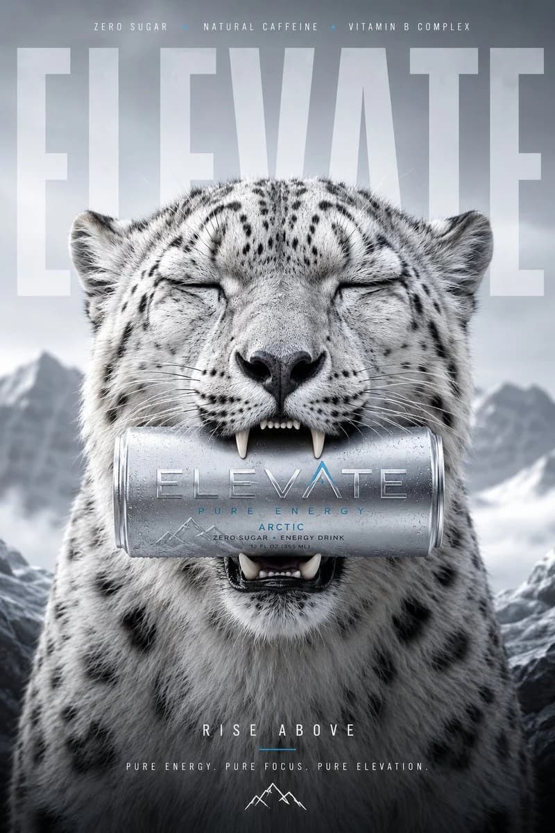 Luxury Energy Drink Snow Leopard Ad with campaign-ready styling, commercial lighting, and strong product-ad composition