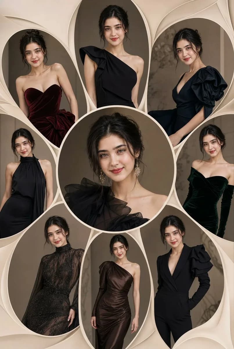 A sophisticated multi-frame collage prompt creating a consistent fashion editorial aesthetic across varied poses and dark couture outfits