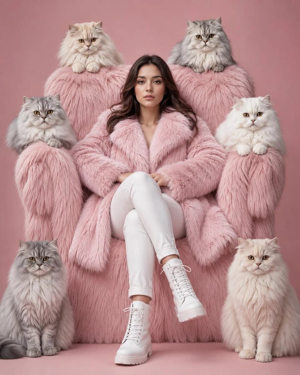 Luxury fashion editorial of a woman in pink faux fur surrounded by six fluffy Persian cats
